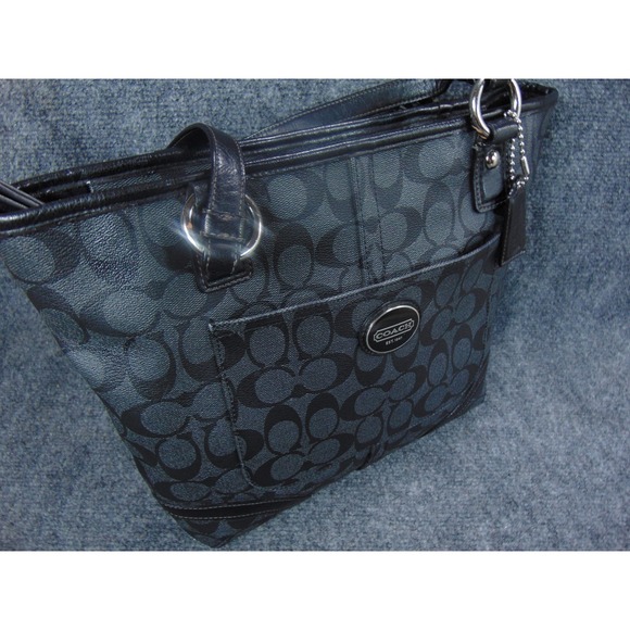 Coach Heritage Signature Tote Bag Black Grey Canvas Leather Trim F18917